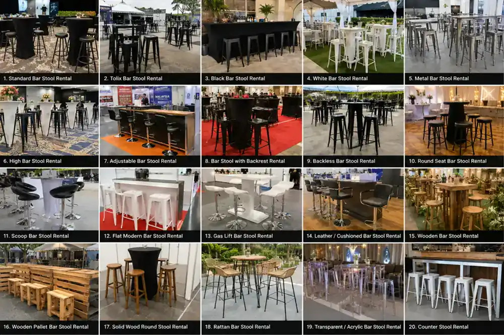 Bar stool rental type collection with standard, Tolix, metal, cushioned, wooden and acrylic stool options