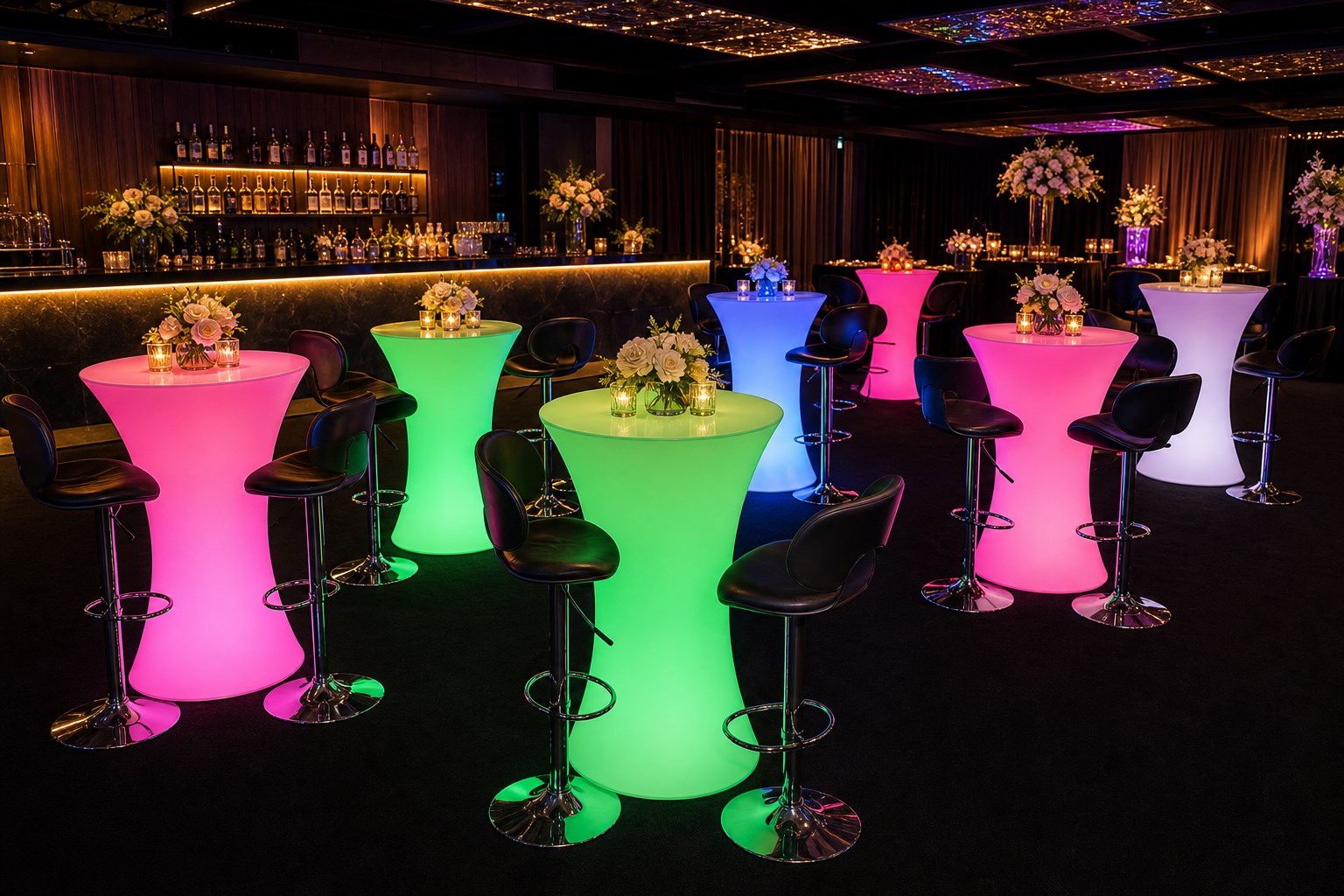 Colour LED cocktail tables with black bar stools for evening reception setup