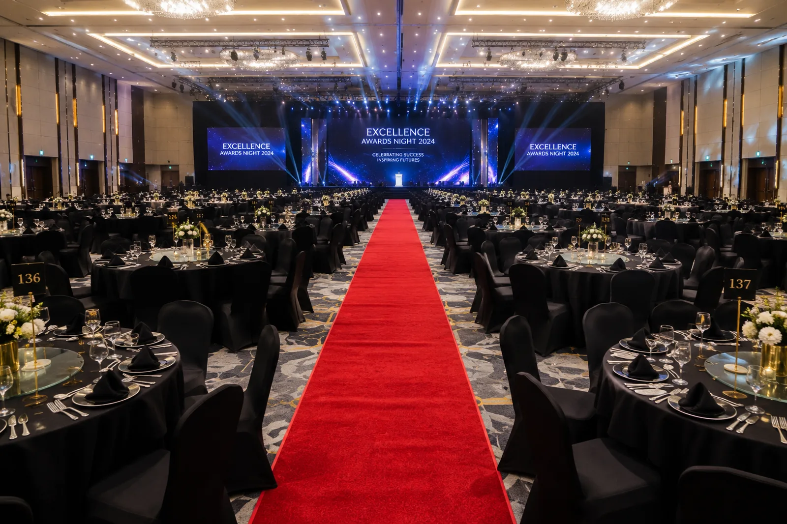 Awards night ballroom with black round table setup and red carpet aisle