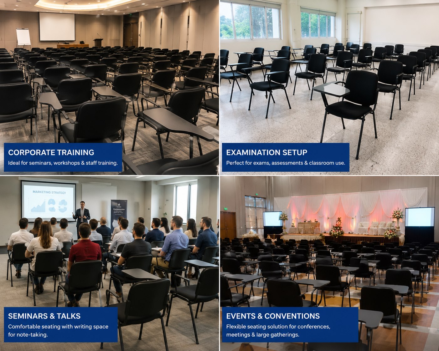 Writing pad chairs arranged for corporate training, examination, seminar and convention seating